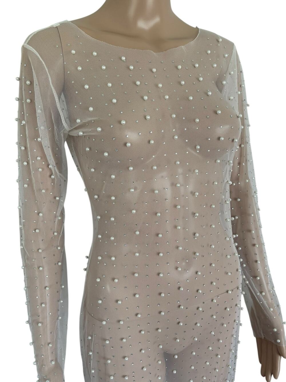 Pearl Rhinestone Mesh Sheer Long Dress Beaded  Maxi Ibiza Glam Cover Up Dresses